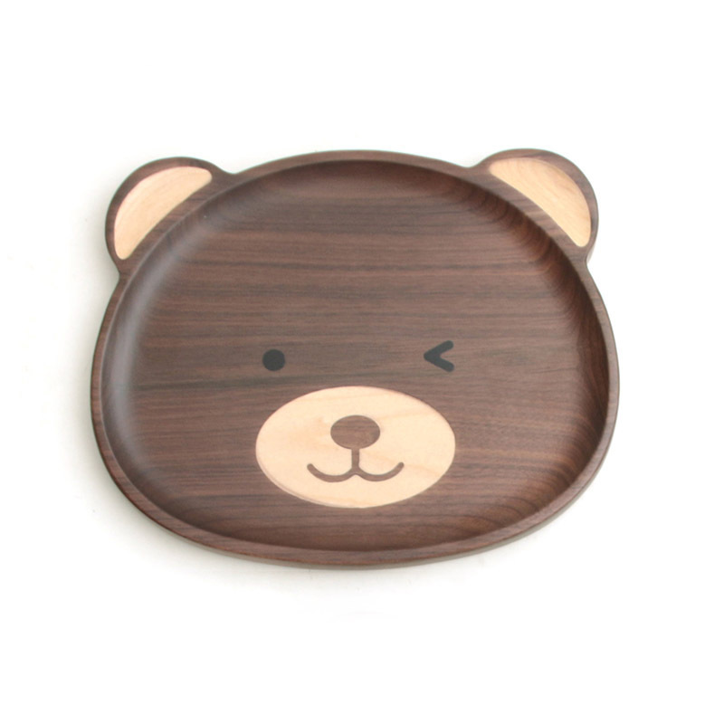 Whole Wood North America Black Walnut Solid Wood Cartoon Bear Tray Japanese Style Cute Dim Sum Plate Wooden Household Children's Dinner Plate