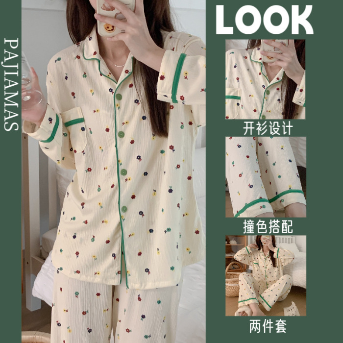 Spring and Autumn New Pajamas Women's Crepe Cotton-like Long-Sleeved Knitted Bubble Cotton Lapel Cardigan Homewear Suit Manufacturer