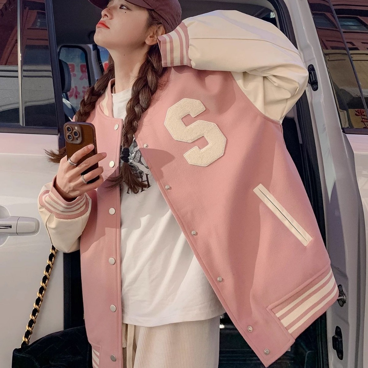粉色拼接棒球服女外套秋冬季新款韩版夹克字母印花少女学生班服