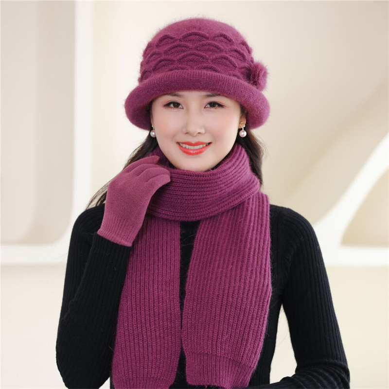 冬季针织兔毛帽子中老年人防寒保暖加绒毛线帽韩版潮女士手套围巾