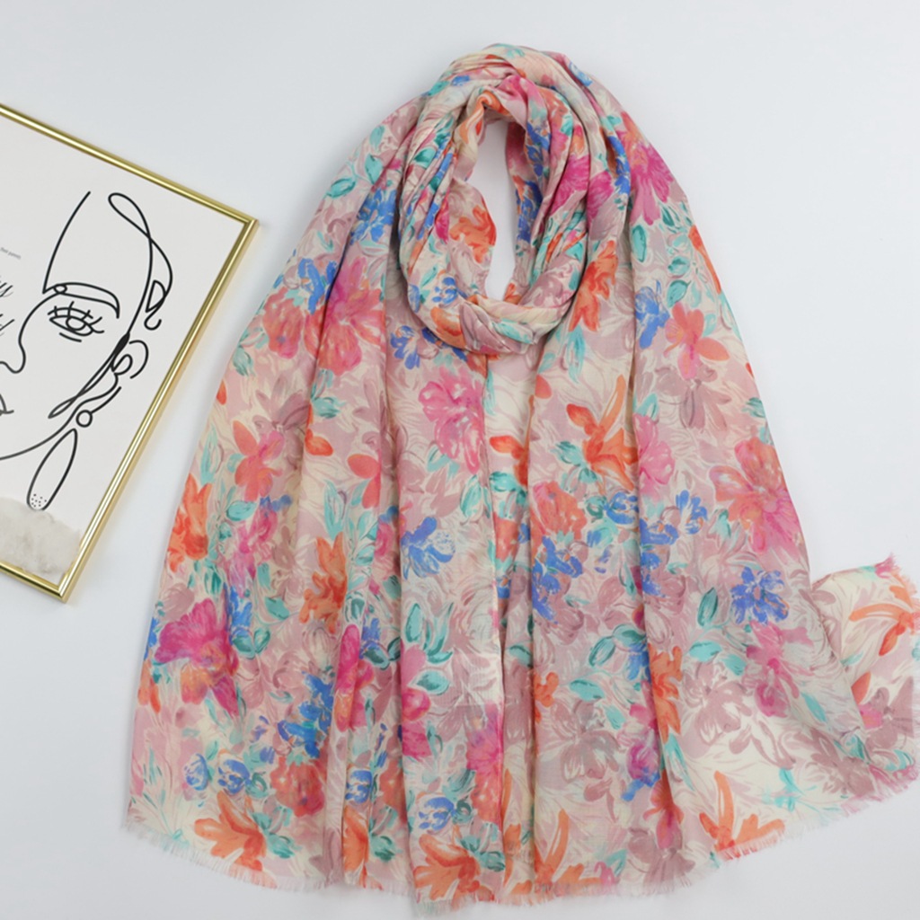 factory sales foreign trade cross-border live broadcast sweet flower shadow printing silk scarf satin cotton good feel ladies scarf spring and autumn scarf