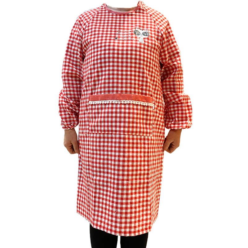 家用围裙定制棉布方格罩衣成人反穿罩衣防污绣花棉麻倒褂有袖围裙