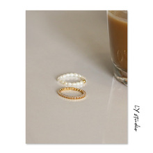 欧美真珍珠锆石镶嵌叠戴细戒指 法式温柔气质复古搭配指环手饰女
