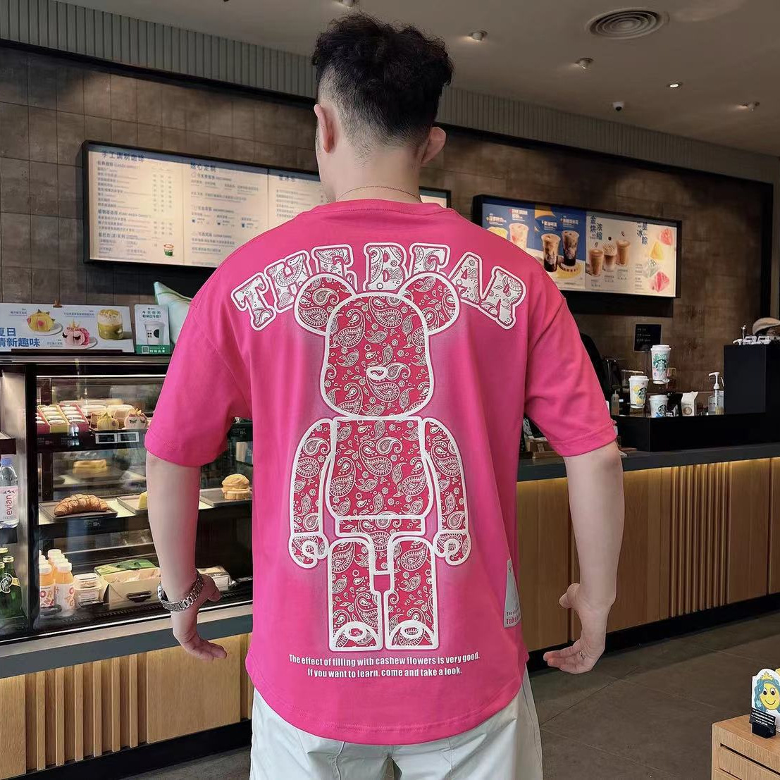 2024男装夏季新款重工发泡暴力熊图案短袖男洋气百搭t恤上衣ins潮