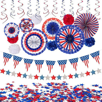 跨境美国独立日挂件手工纸扇拍照背景墙装饰花球国庆三角串旗套装