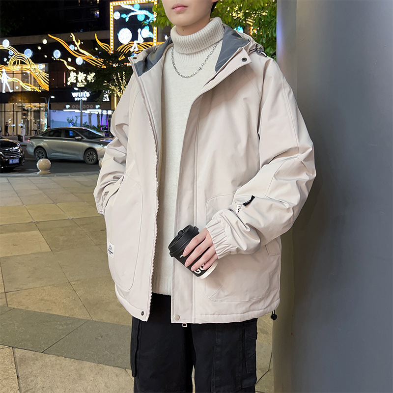 跨境冬季新款休闲夹克男秋冬加绒加厚潮流纯色连帽宽松胖哥哥外套