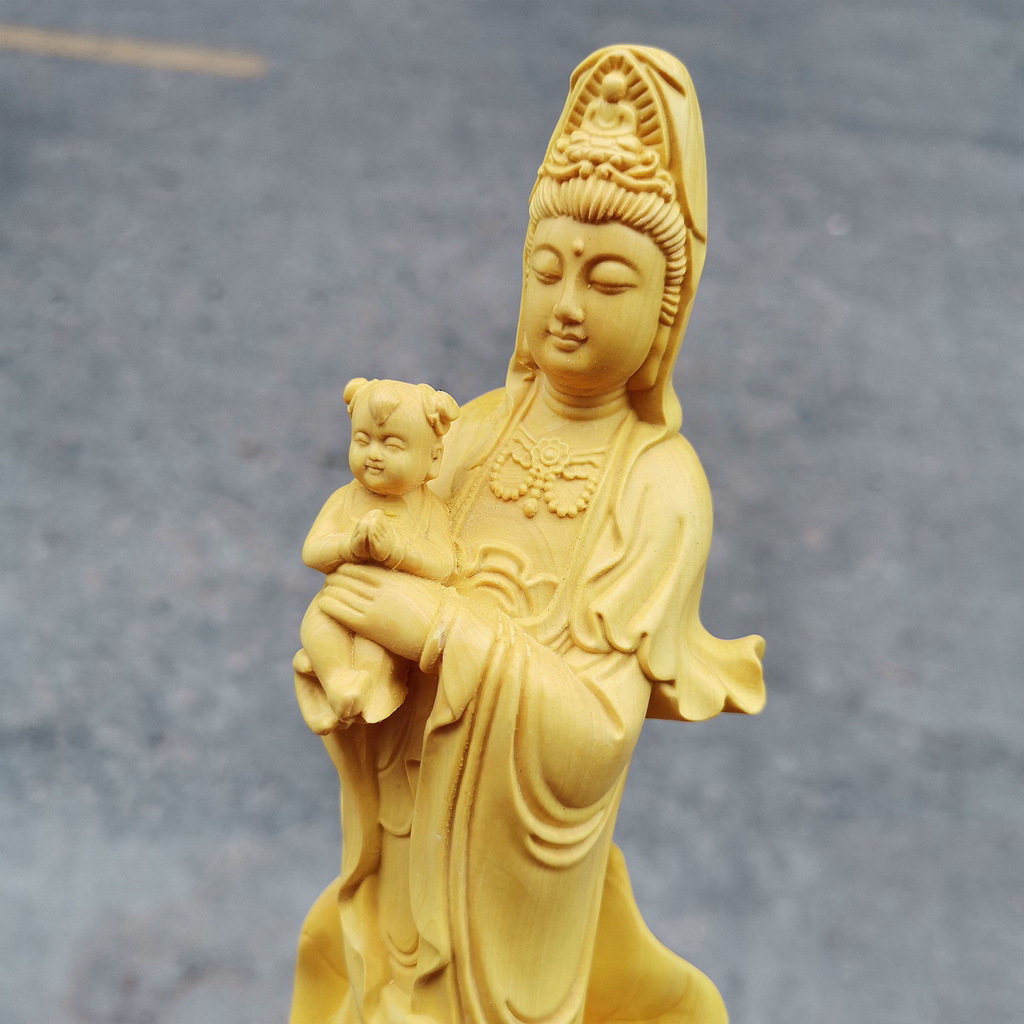 黄杨木雕送子观音佛像摆件 实木雕刻家居客厅供奉求子观音工艺品