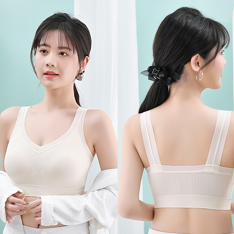 Summer Thin Vest Wireless Girl Breathable Width Strap Bra Small Chest Push up Fixed Cup Upper Support Anti-Exposure