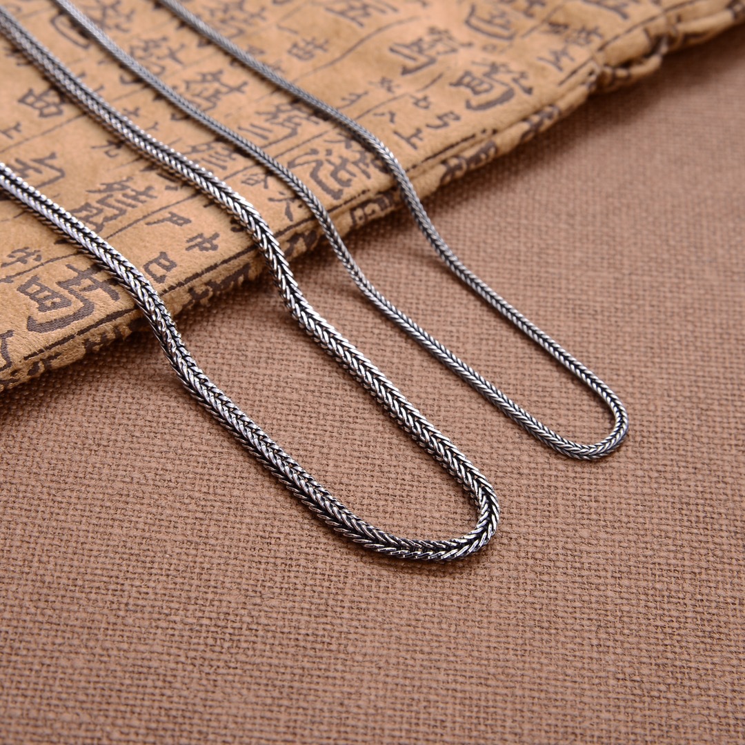 s925银个性马鞭链复古做旧简约男女泰银项链时尚狐尾气质编制链子