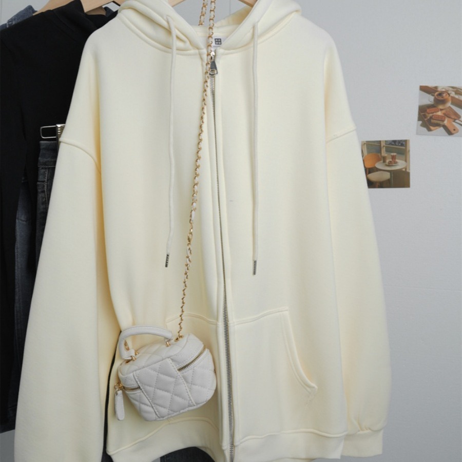 杏色拉链卫衣外套秋冬2023新款宽松慵懒风开衫上衣-阿里巴巴