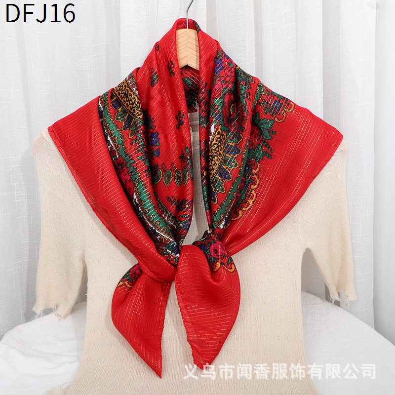 New Gold Thread Ethnic Style 85cm Square Scarf Closed Toe Sun Protection Scarf for Middle-Aged and Elderly Women Working Scarf Scarf