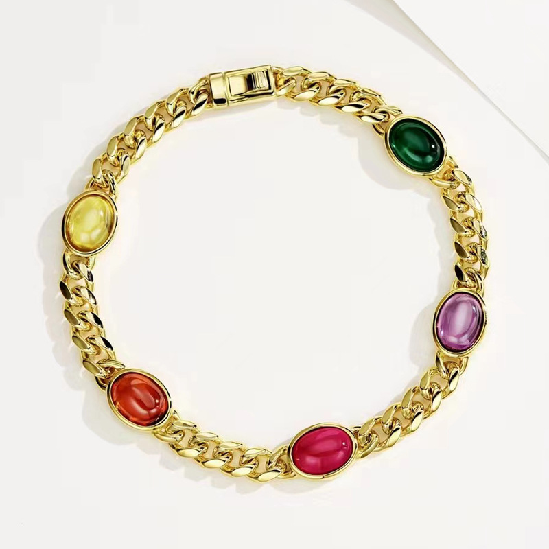 925银彩色宝石手链ins欧美复古时髦椭圆形钻气质简约高定手饰女