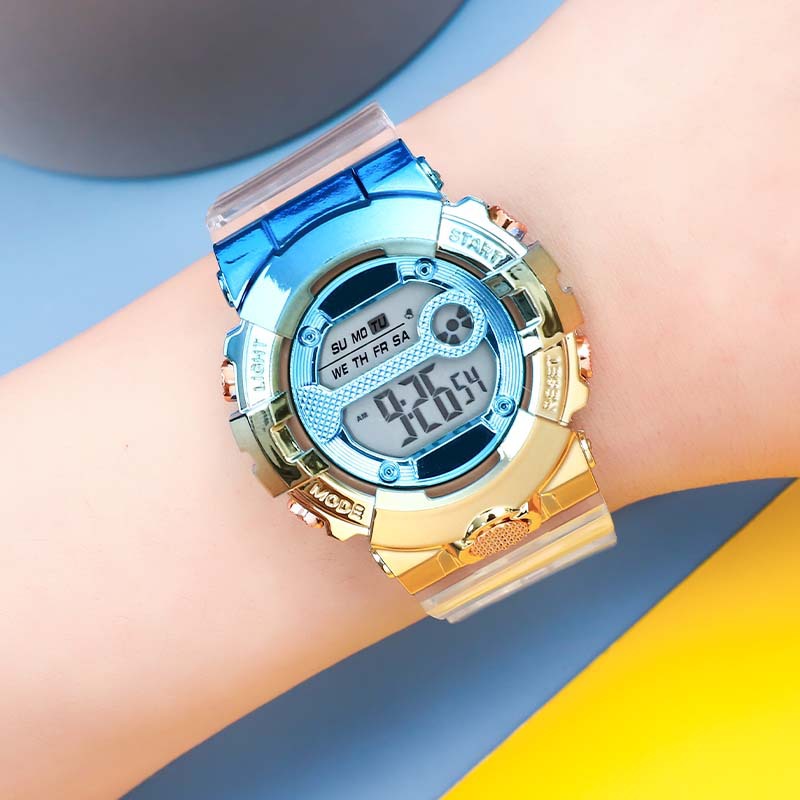 New Electroplated Rainbow Color Electronic Watch Metal Color Changing Watch Ornament Campus Student Sports Style Multifunctional Watch