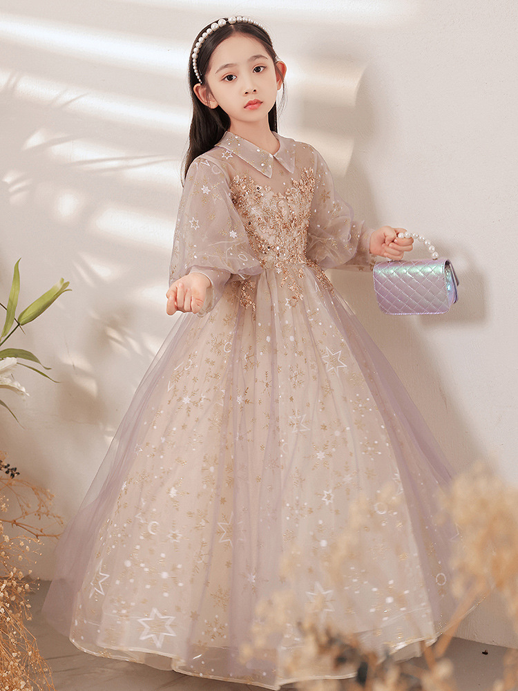儿童生日礼服女童时尚公主裙长袖花童婚礼小女孩钢琴演出服夏季款