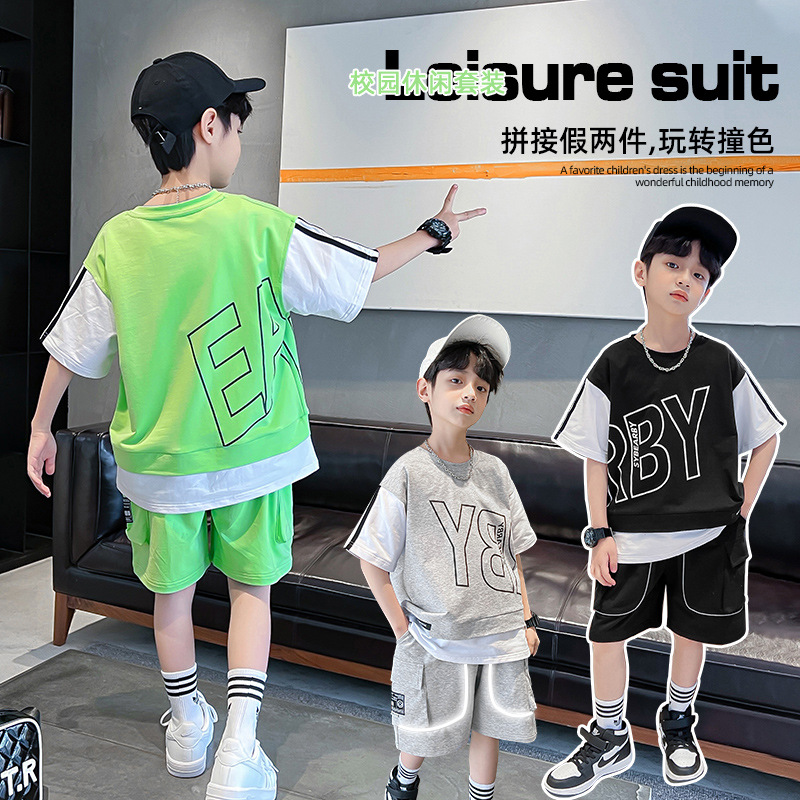 Children's Clothing Summer Suit Pure Cotton 2023 Summer New Medium and Big Children Boys' Short-Sleeved Shorts Suit Color Matching Fashion