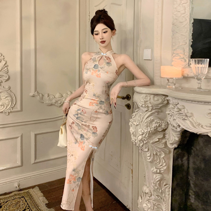 2924跨境外贸女装批发东南亚气质名媛改良旗袍复古典雅修身连衣裙