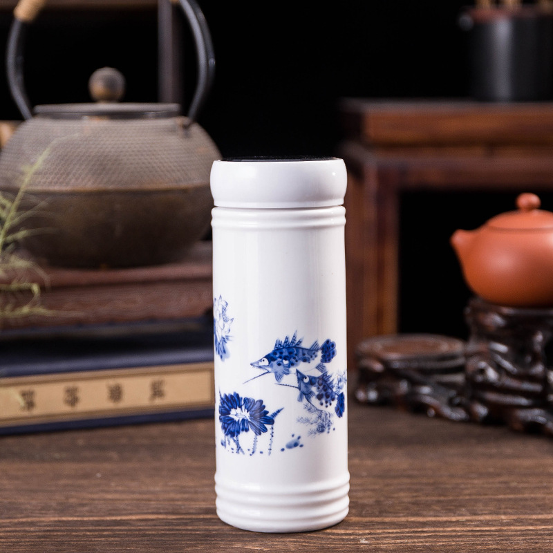 Jingdezhen Double-Layer Ceramic Thermos Cup Liner Portable Blue and White Porcelain Cup with Lid Office Water Cup Gift Cup Wholesale