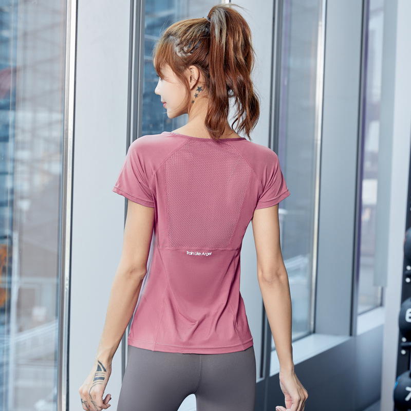 跨境直供健身短袖女性感修身网纱瑜伽拼接透气显瘦服跑步运动t恤