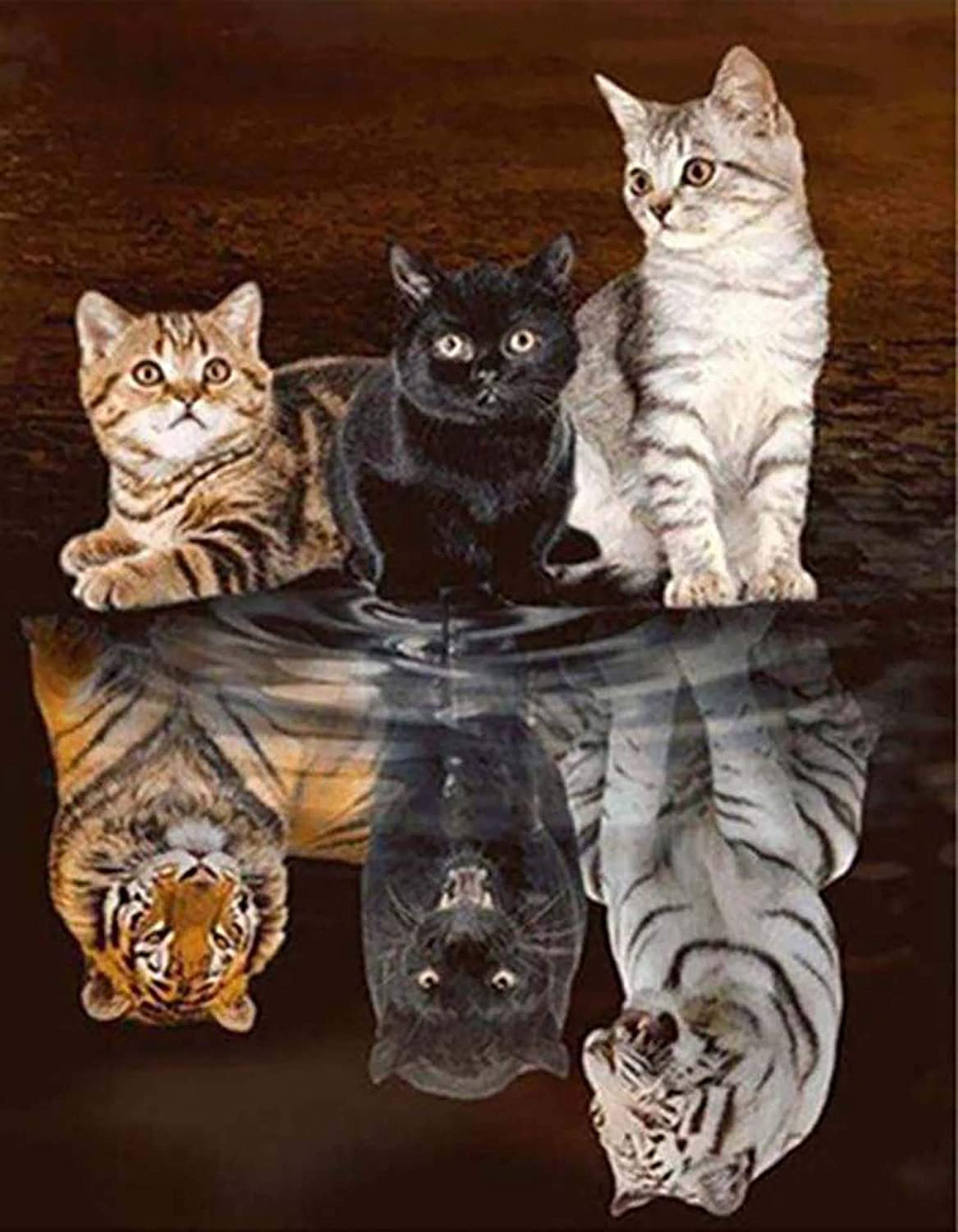 三只小猫水面倒影老虎黑豹钻石画