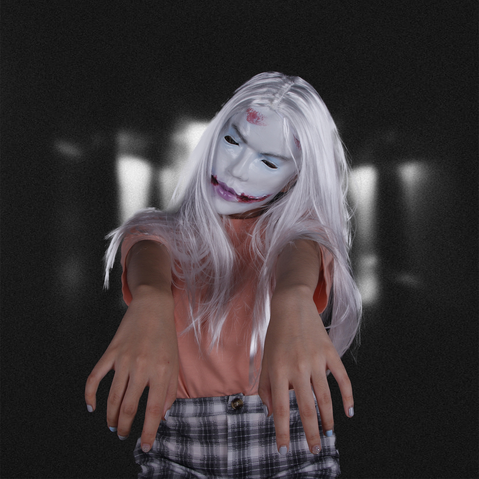 白发魔女面具整人乳胶恐惧鬼脸头套伤疤流血恶魔丧尸万圣节酒吧玩