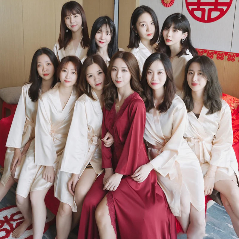 伴娘服新娘伴娘团晨袍婚礼化妆生日派对趴红色睡裙结婚长袖睡衣
