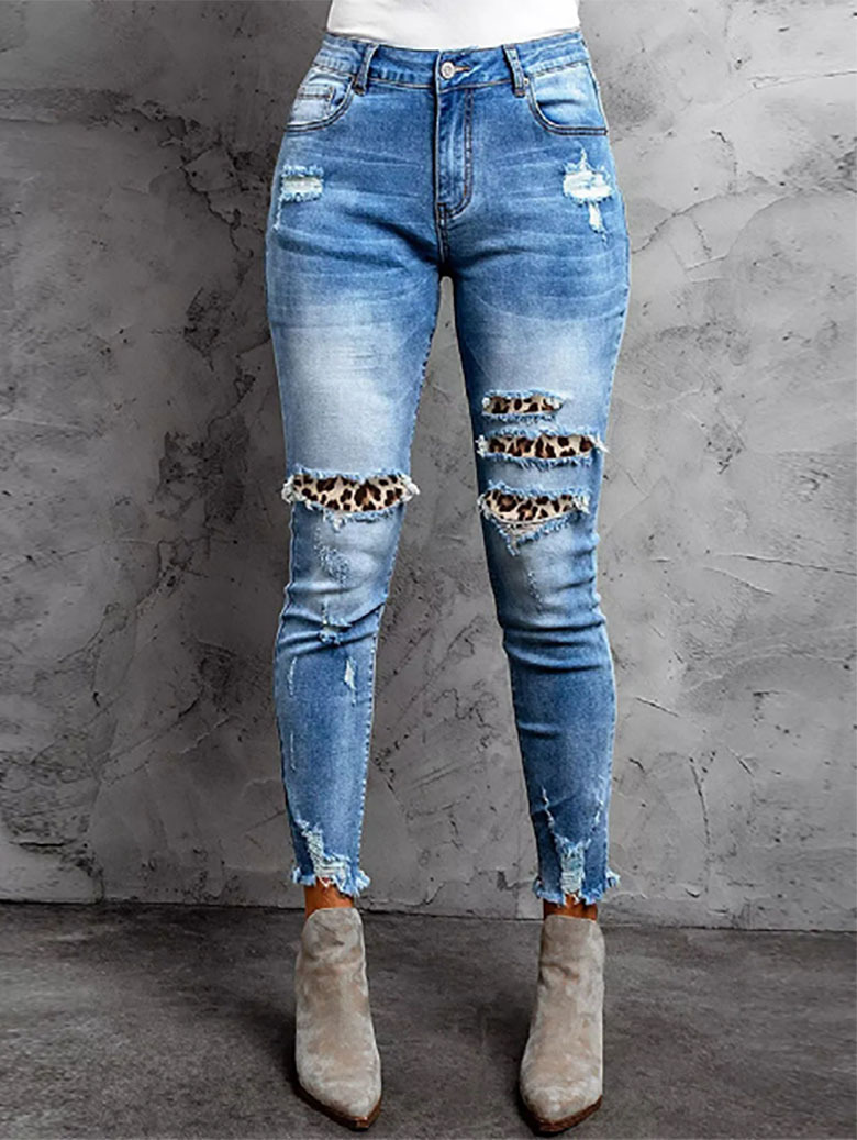   Cross-Border Denim Manufacturer Amazon Ripped Tassel Elastic Mid-Waist Small Straight-eg Jeans Women's Super Hot