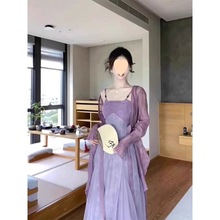 新中式女装清冷感禅意套装汉服改良版古风紫色吊带连衣裙子俩件套