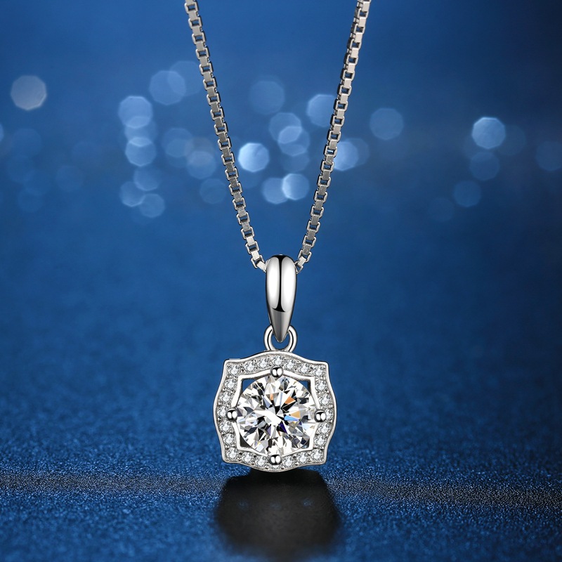 s925纯银莫桑钻石公主方包项链女 欧美简约一克拉吊坠锁骨链脖链