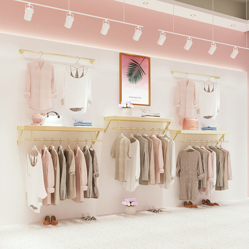 服装店上墙展示架简约墙壁挂女装店货架陈列童装店铺装修金色衣架