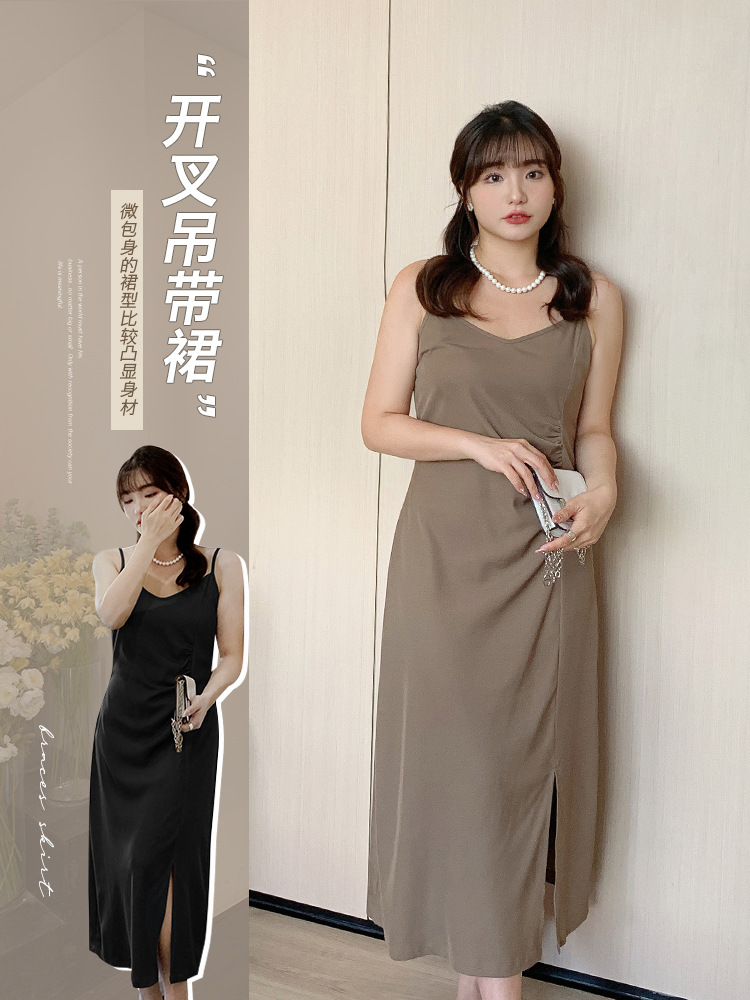 2024 summer new plump girls plus size women‘s solid color pleated slim-fit split mid-length strap dress 62318