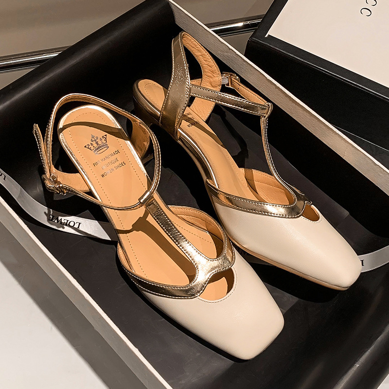 新款包头玛丽珍鞋女方头法式优雅t字型浅口时装鞋拼色秀气高跟鞋