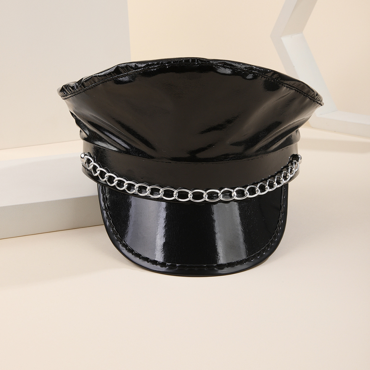 黑色皮八角警察帽成人男女情趣配饰制服帽派对表演外贸美国八角帽