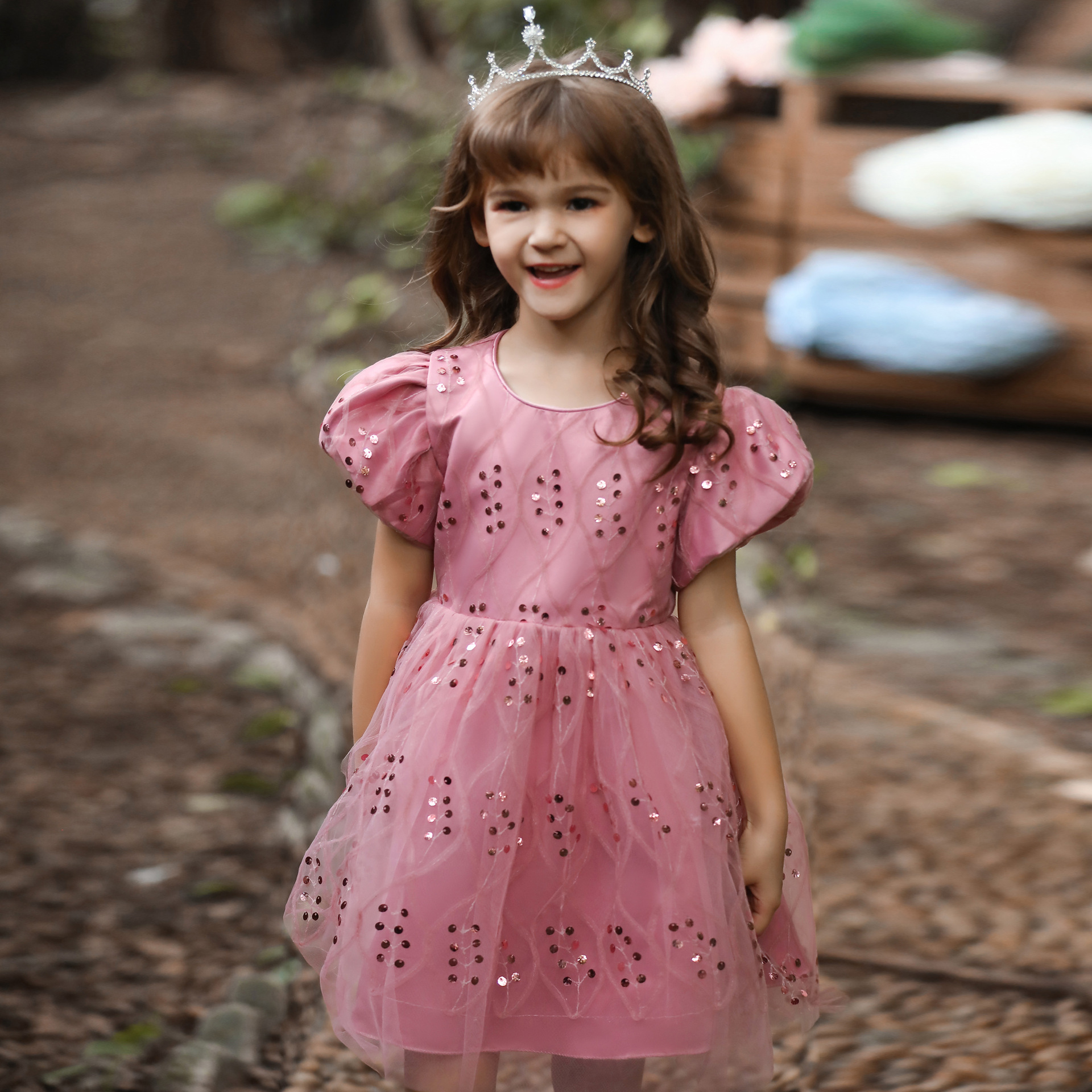 欧美女童晚礼服公主连衣裙花童主持人儿童短袖亮片走秀演出服批发