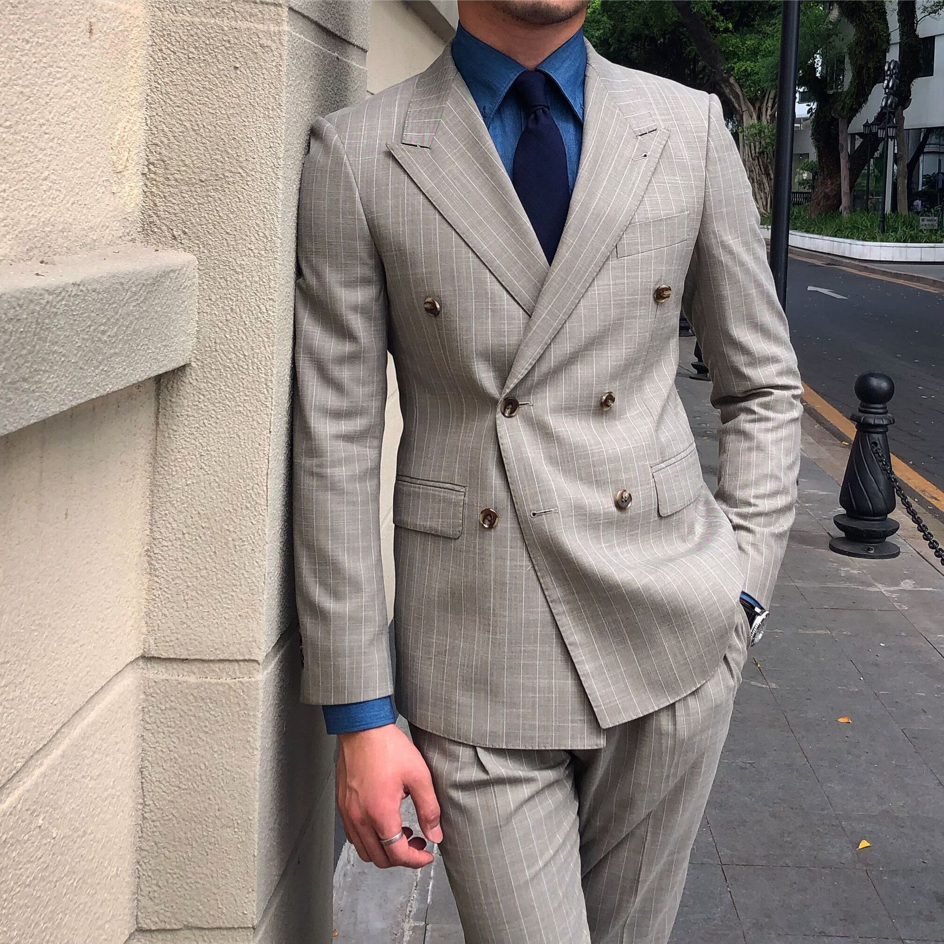 鹿三先生英伦复古男士条纹双排扣西服套装主持宴会商务休闲西装潮