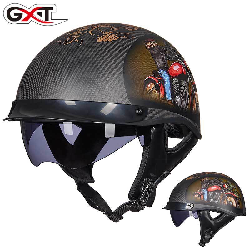 碳纤维摩托车头盔男机车复古轻便半盔冬季保暖太子盔电动瓢盔