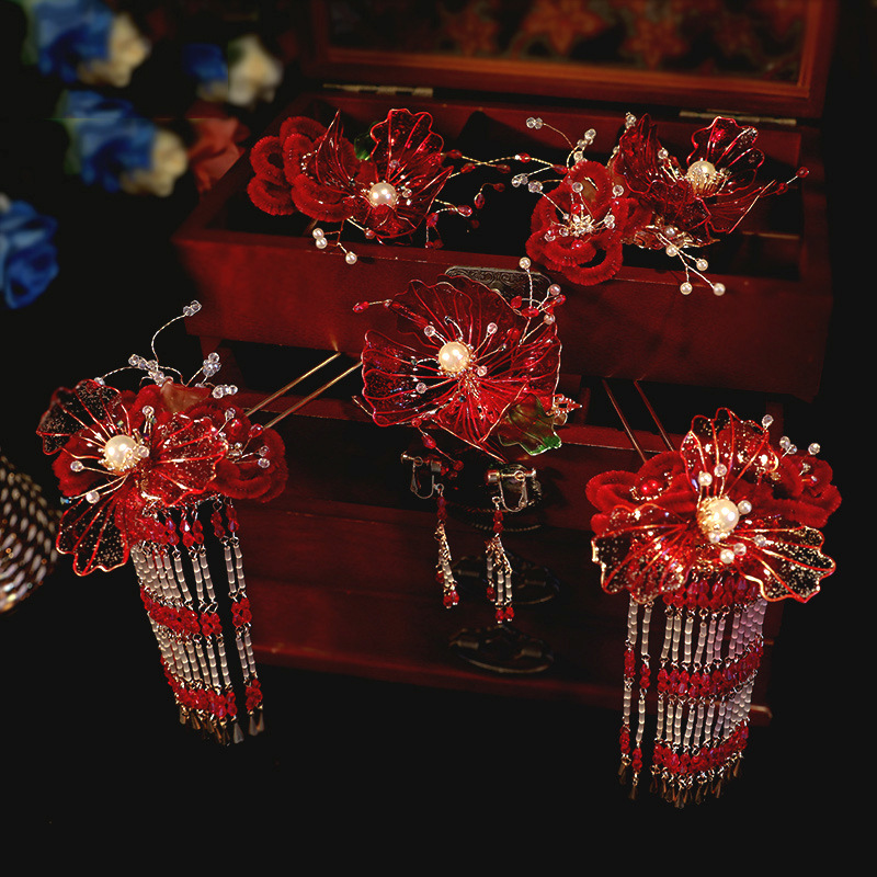 中式民族风新娘头饰唯美绒花流苏红色发饰秀禾服古典汉服婚礼配饰