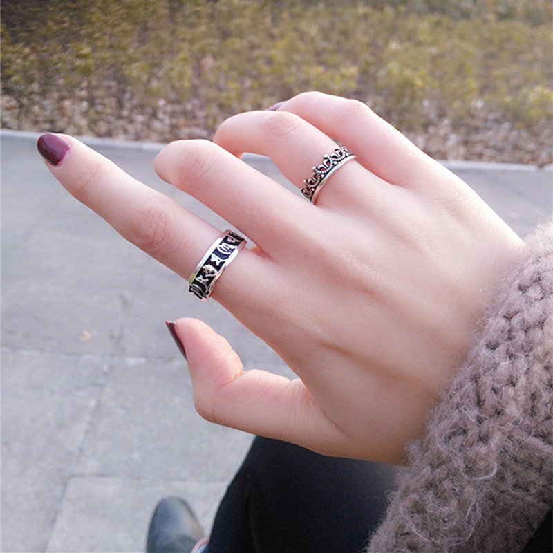 六字真言男女戒指个性霸气食指环日韩版复古开口简约时尚搭配手饰
