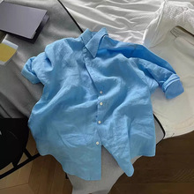 蓝色棉麻女士衬衫女男友风2024早春新款减龄漂亮洋气小衫亚麻衬衣