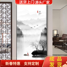 新中式玄关装饰画山水风景竖版进门入户背景墙挂画国画壁画落地画