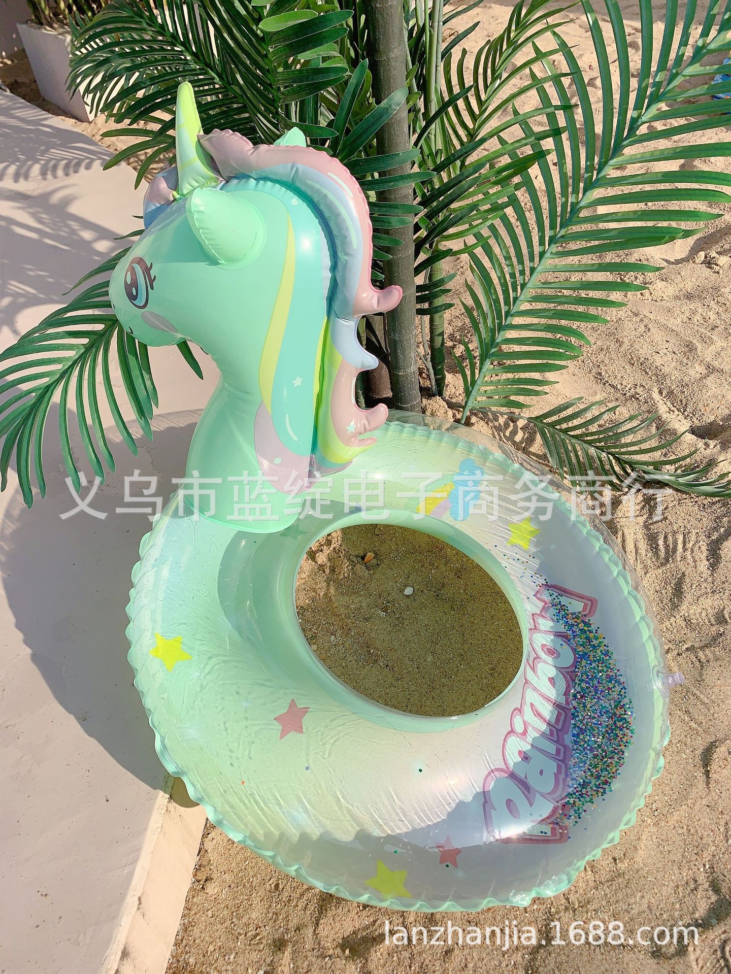 New Children's Pink Rainbow Horse Sequined Swimming Ring Inflatable Water Cute Unicorn Children's Sponge Bottom Seat Ring