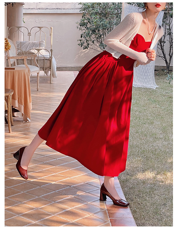 7652法式复古红色吊带裙别致高级感针织开衫赫本风连衣裙两件套装