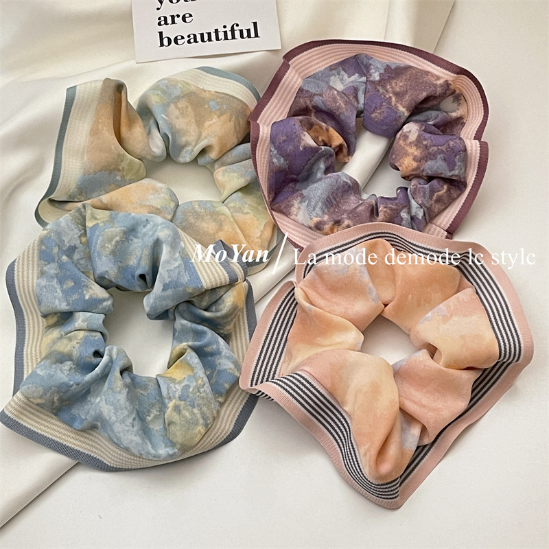 Japanese and Korean Simple Flower in Ink Cloth Hair Ring Women's Hair Rope Hair Rubber Band Large Intestine Ring Mori Fairy Beautiful Hair Rope Hairware