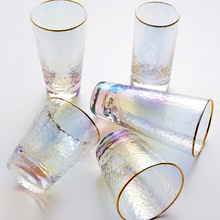 日式ins 离子镀炫彩玻璃杯金边玻璃杯锤目纹透明家用水杯茶杯酒杯