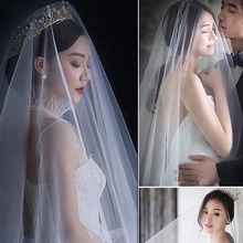 欧美简约裸纱新娘韩式结婚婚纱头纱超长素纱拖尾摄影旅拍凹造型软