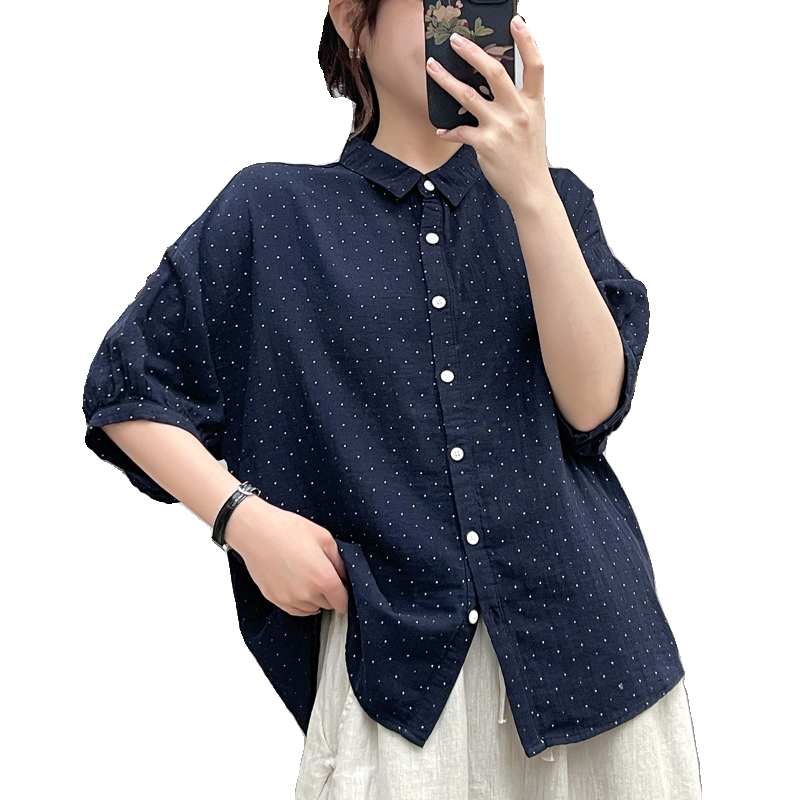 双层棉纱中袖衬衫女夏季出口韩国复古文艺彩色小波点纯棉宽松上衣