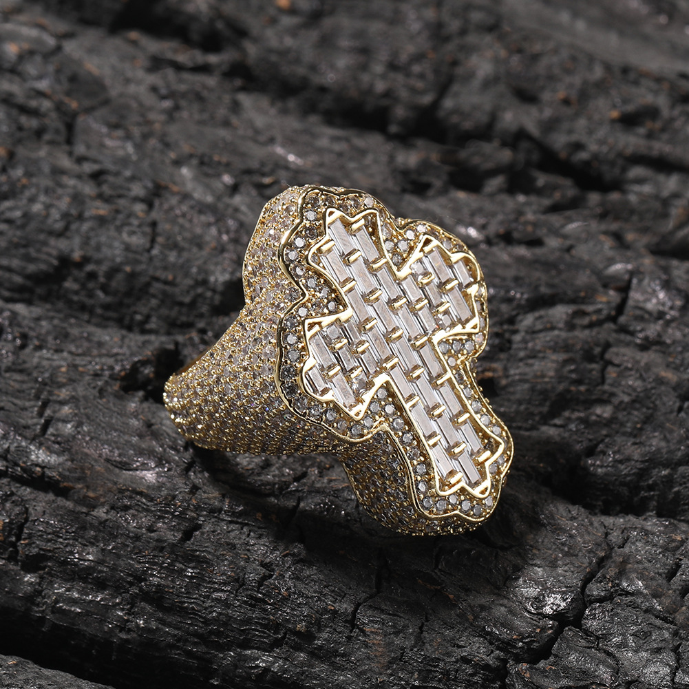 Cross-Border European Hip Hop Diamond-Studded Ring Copper Cross-Shaped Personalized Zircon Ring Men's New Fashion Ornament