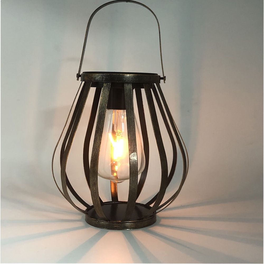 跨境新款太阳能led钨丝灯铁艺灯笼圆盘挂灯花园露台装饰装饰复古