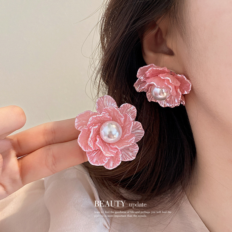 Silver Needle Fashion Pink Sweet Flowers Diamond Crystal Tassel Earrings Female Temperament Ear Studs Freshess Earrings Wholesale