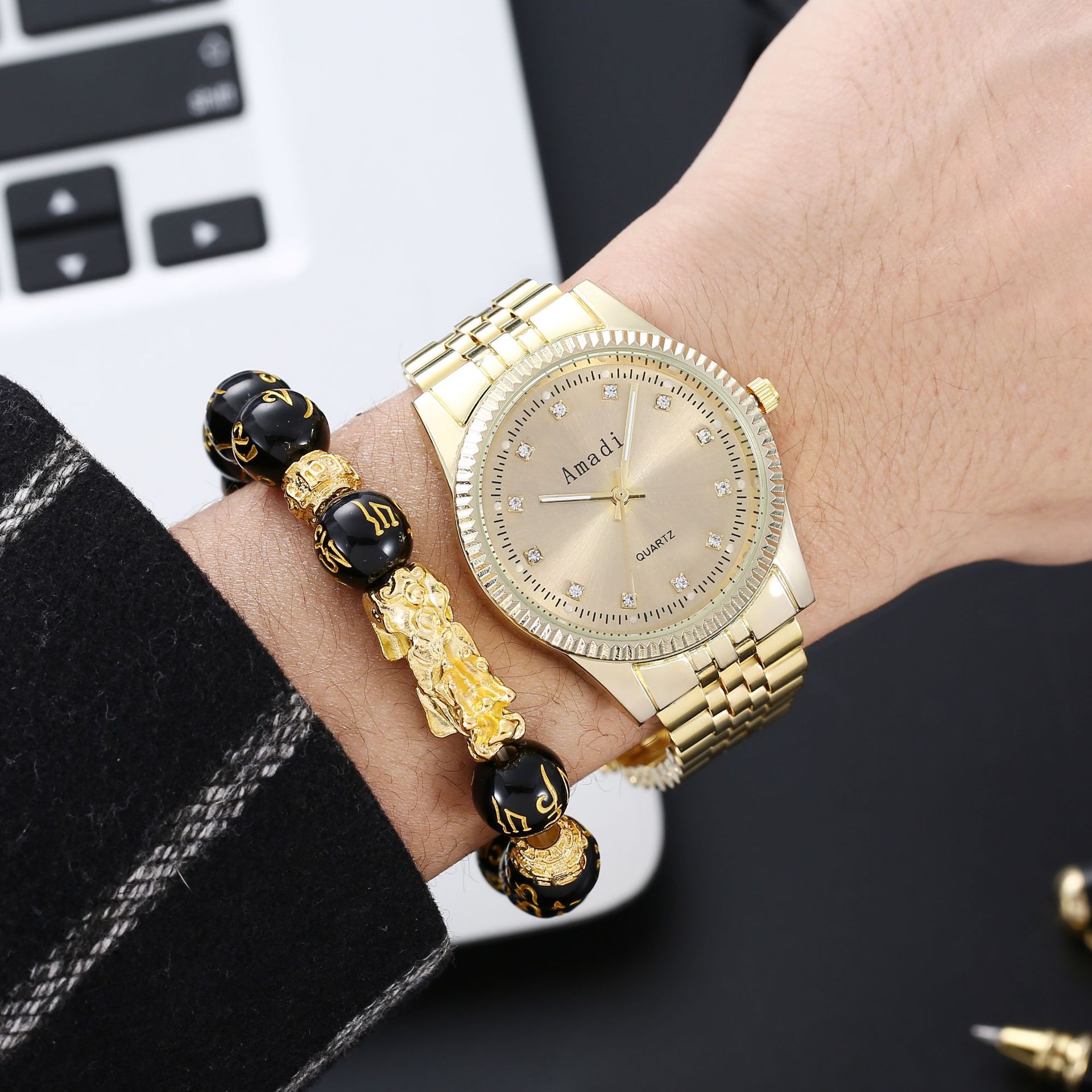 大金表外贸两件套金色男士手表土豪金 手链 貔貅手链套装礼品男表