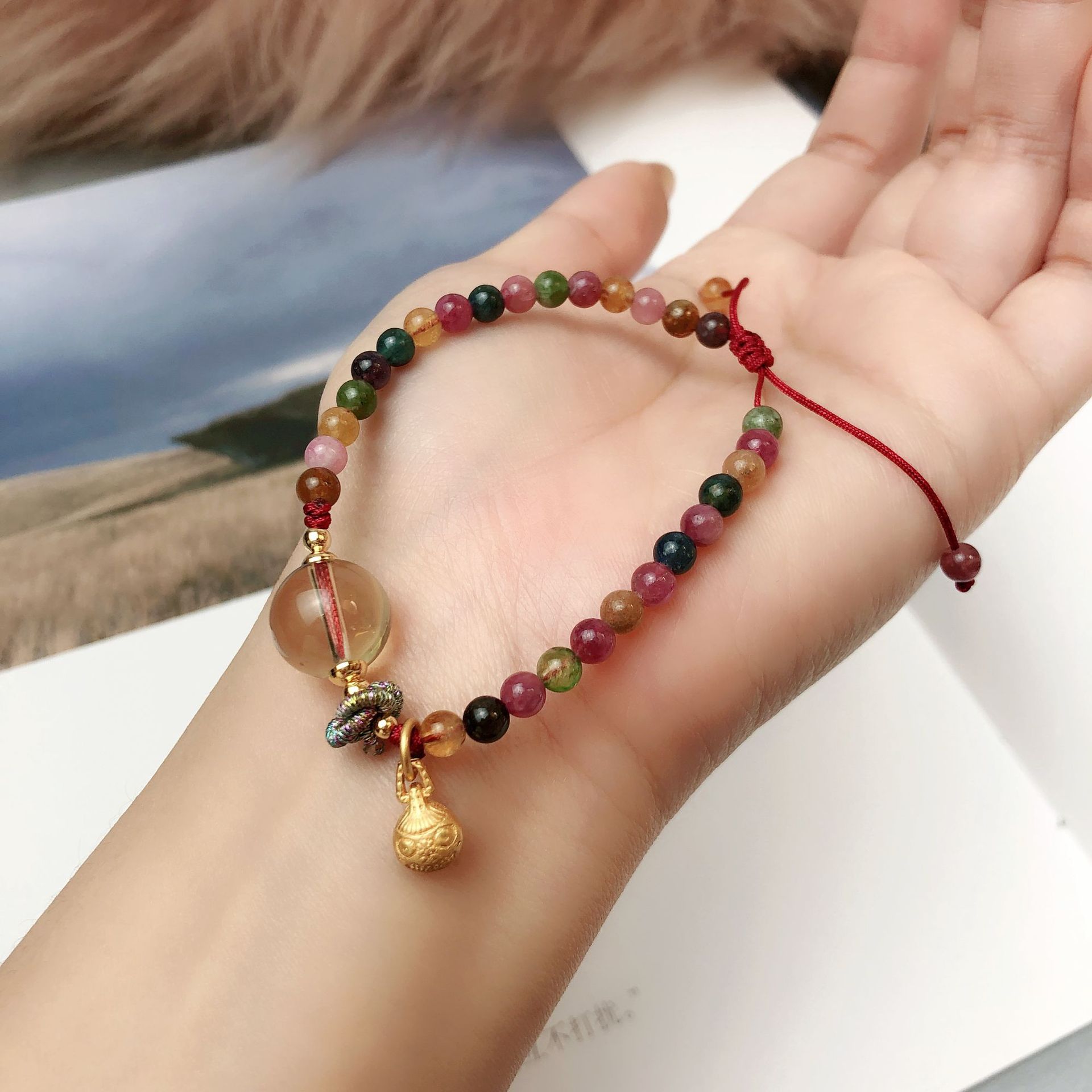 碧玺黄水晶手链三圈手编绳吞金兽奥地利水晶手串手工饰品串珠礼品